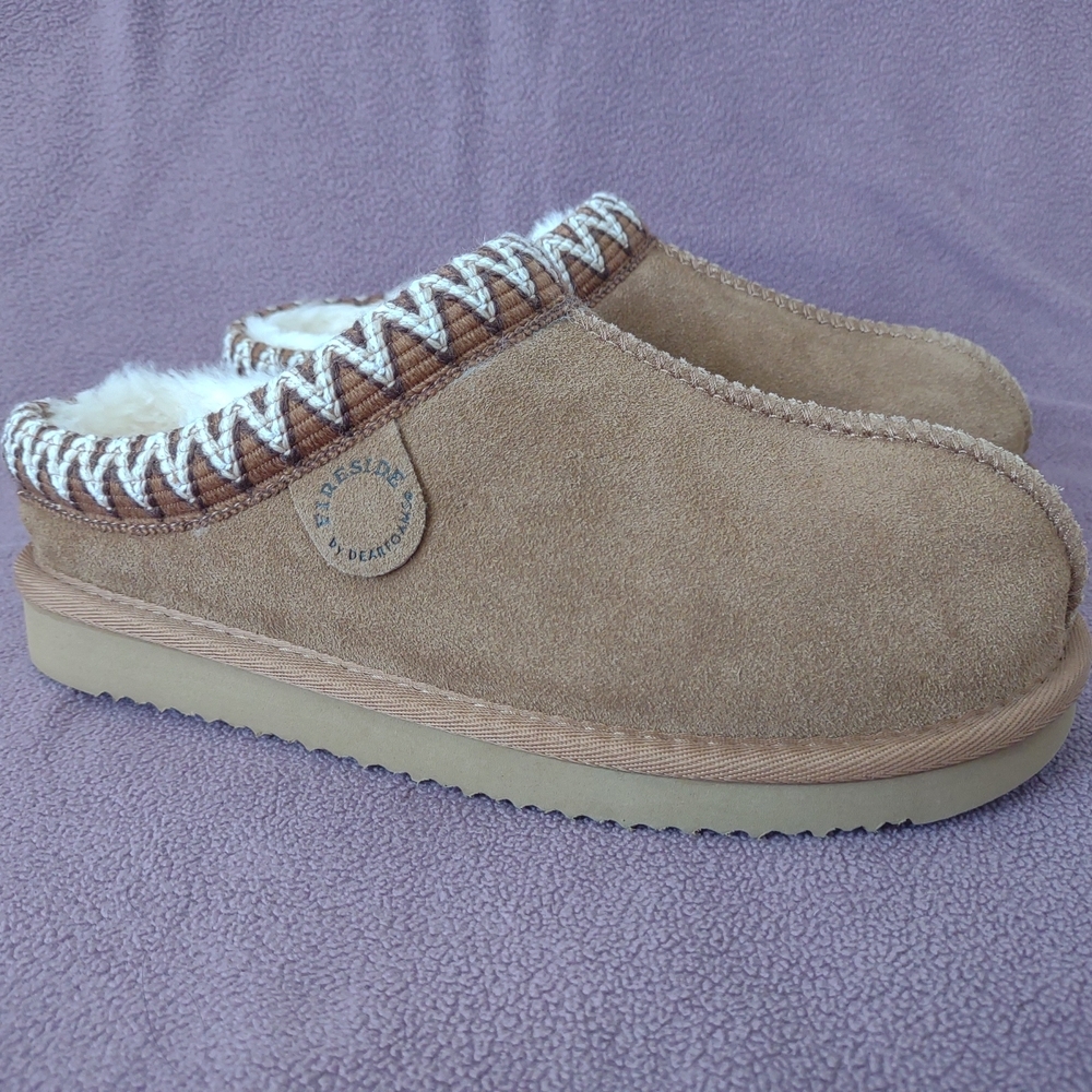 Dearfoams Brown Suede Clogs with Cream Accents